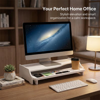 2 Tier Monitor Stand Riser with Desk Storage, Desktop Organizer for Home Office Accessories, Computer with Shelf, PVC Wood Board