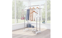 Telescoping Double Rod Garment Rack Space-Saving Rolling Clothes Rack with Shelf Easy Mobility Sturdy for Laundry Room