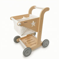 Wooden Push Cart with Basket Imaginative Play Shopping Cart Toy Energetic Infant Push Pusher for Kids, Nursery