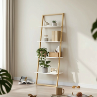 Leaning Ladder Shelf Space-Saving Leaning Shelf with Bamboo Frame Bamboo Ladder Bookcase Slim Furniture Vertical for Living Room