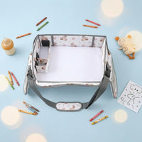 Rabbit-Themed Car Seat Activity Tray Adjustable Straps Kids Travel Tray Storage Pockets Travel Drawing Board Raised Side Walls