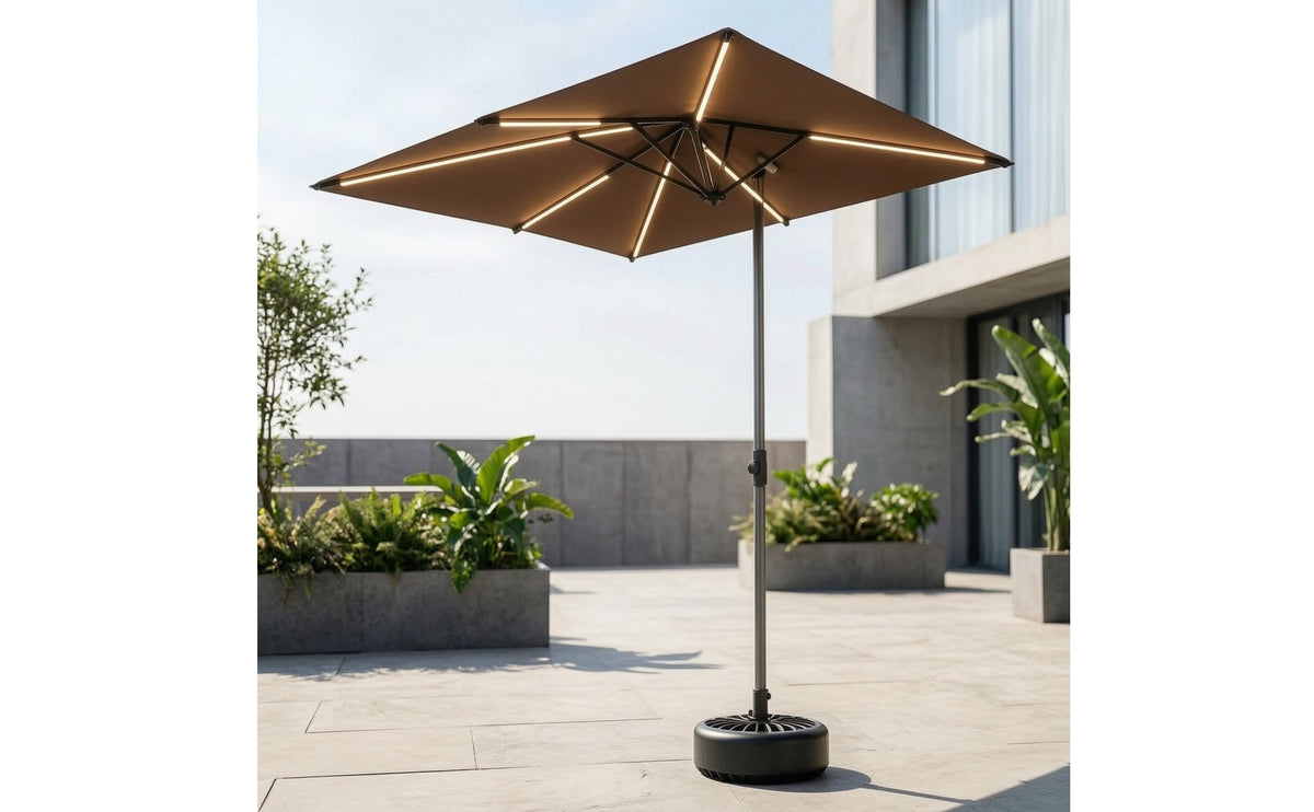Half Patio Umbrella with Solar LED Lights Space-Saving Patio Umbrella with Lights Height-Adjustable Half Parasol for Balcony, Outdoor Dining Area