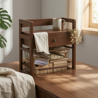 Wood Drawer Basket Trolley Brown Finish Caster Wheel Shelf Space Saving