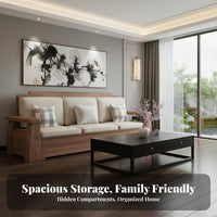 Black Walnut Wood Sofa Set Space Saving Chinese Design L-Shaped Couch Easy to Assemble Solid Wood Storage Sofa for Families, Lounge Area, Home