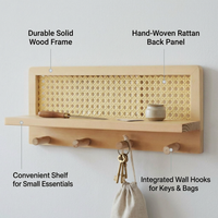 Coat Rack Shelf Wall Mounted, Entryway Key Holder Coat Rack, Wall Mounted Coat R #variant:Natural Wood (Woven Style) - Nail-Free Installation