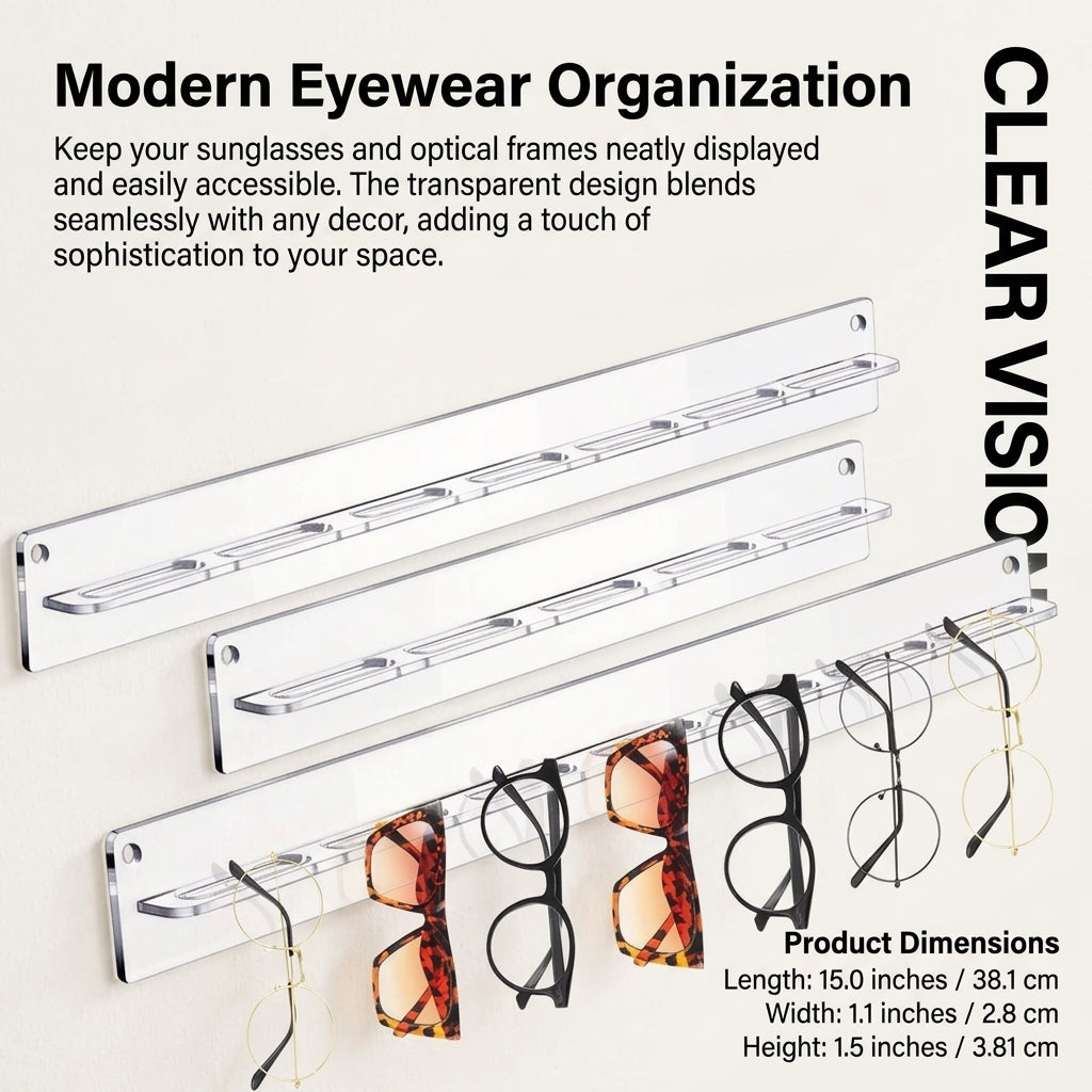Wall Mounted Sunglass Holder and Eyeglass Organizer, Clear Transparent Acrylic Rack, Retail Display and Closet Storage, Eyewear