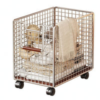 Rolling Wire Basket Trolley Push Handle Metal Utility Trolley Wood-Tone Grip