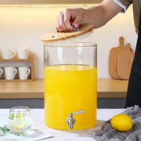 Beverage Dispenser with Wood Stand and Lid, Glass Juice Dispenser for Parties, Large Capacity Iced Tea and Lemonade Dispenser Kitchen Outdoor Use