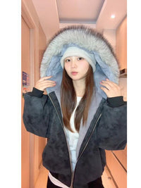 冬季新款大理石座山雕连帽绒毛棉衣外套男女冬季PU皮加厚保暖棉服