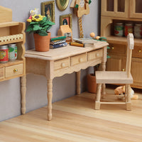 1:12DOLLHOUSE娃娃屋迷你家具书房场景摆件素坯抽屉书桌课桌桌子