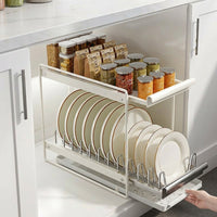 Pull-out Dish Rack with Pull-out Storage Tray, Stainless Steel Cabinet Organizer, Pull-out Bowl Rack for Kitchen Drawer, Cabinet Pull-out Unit