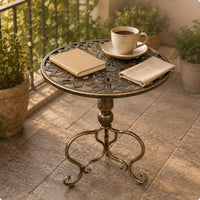 Carved Round Side Table Antique Finish Small Round Decorative Table for Balcony, Living Room