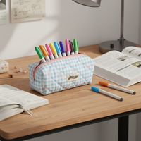 Cream Plaid Bowknot Pencil Case Portable Stationery Storage Bag for Students