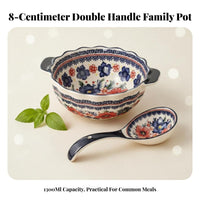 Double Handle Soup Pot, Polish Painted Ceramic Tableware, Underglaze Floral Pattern, Bohemian Vintage, Adult Dining