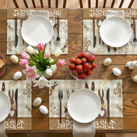 4 Piece Easter Placemats with Rustic Bunny & Gingham Print, Heat Resistant Linen Table Mats, Washable Dining Room Decor for Spring Parties, Seasonal Home & Kitchen