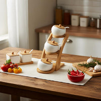 Ceramic Condiment Jar Set Dustproof Ceramic Seasoning Container Set Easy to Clean Seasoning Jars with Bamboo Lids for Dining Table
