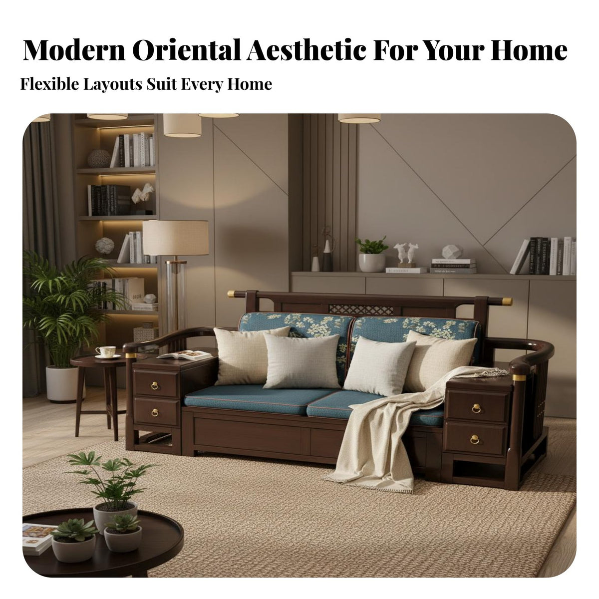 Oriental Aesthetic Design New Chinese Design Sofa Set Quality Craftsmanship Solid Wood Living Room Furniture Long-Lasting Construction Modern Minimalist Storage Sofa High-Density Foam Cushions for Homeowners, Families, Adults, Lounge Area, Home, Villa