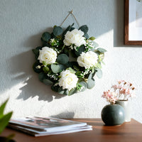 Artificial White Rose and Eucalyptus Wreath for Home Door Wall Decor