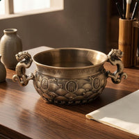 Brass Fortune Bowl Greek Key Border Mythical Lion Handle Bowl Wave Pattern
