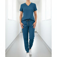 Multi-Pocket Nurse Attire Set Stretch Material V-Neck Scrub Set Soft and Comfortable Professional Apparel Drawstring Waist for Nurses, Doctors, Healthcare Workers, Hospital, Medical Facility