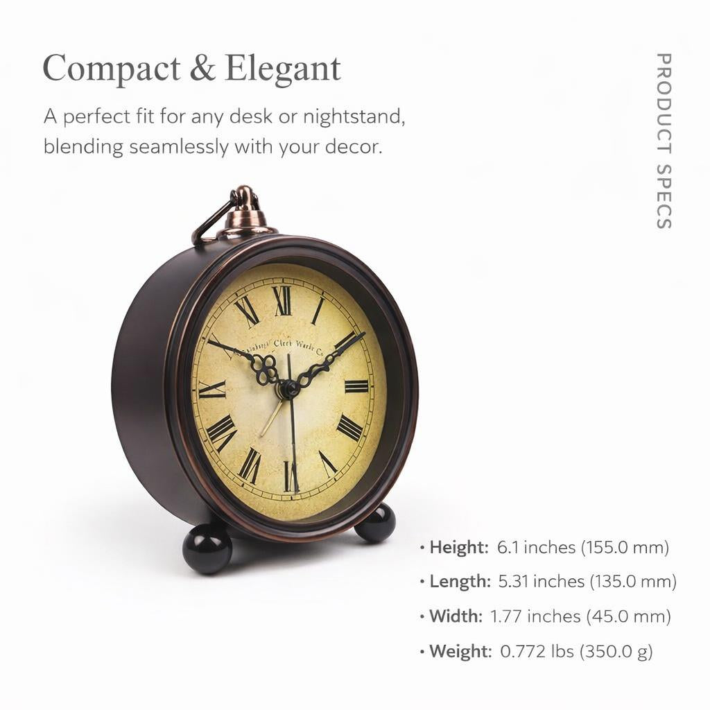 Retro Metal Desk Clock Silent Non Ticking, Analogue Bedside Alarm for Bedroom Operated Table for Adults