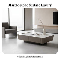 Italian Minimalist Design Square Stone-Top Coffee Table with Drawers Saddle Leather Wrapped Living Room Furniture scuff Resistant Multi-Functional for Homeowners, Interior Designers, Renters, Lounge Area, Home Office