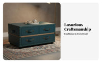 Multi-Functional Retro Trunk Coffee Table Studded Detailing Vintage Trunk Table Nailhead Trim 4-Drawer Storage Chest Metal Hardware for Interior Decorators, Homeowners, Hotel Managers, Clubhouse, Bedroom, Home Office, Entryway