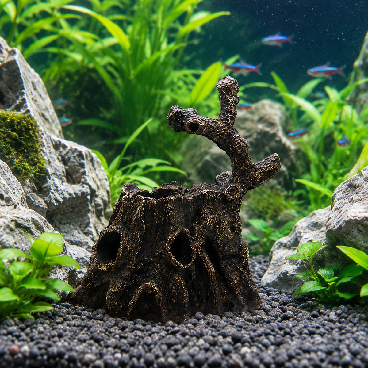 Fish Aquarium Tree Stump Hide Ornaments, Dark Brown Resin Woodland Decor 16x10x18cm, Fish & Shrimp Hiding Place