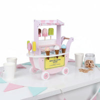 Realistic Design Wooden Ice Cream Trolley Rollable Wheels Kids Ice Cream Stand Social Interaction for Playroom