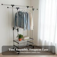 Rolling Double-Bar Clothes Rack Extensible Rod Drying Stand Easy to Assemble