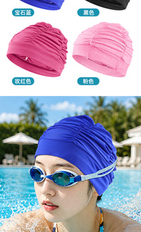 Women's Pleated Swimming Cap for Long Hair, Ear Protection, Unisex