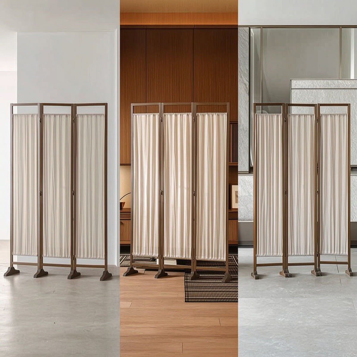 Folding Panel Screen Minimalist Design Freestanding Partition Screen Portable Wood Frame Textile Divider for Entryway, Bedroom, Studio Apartment
