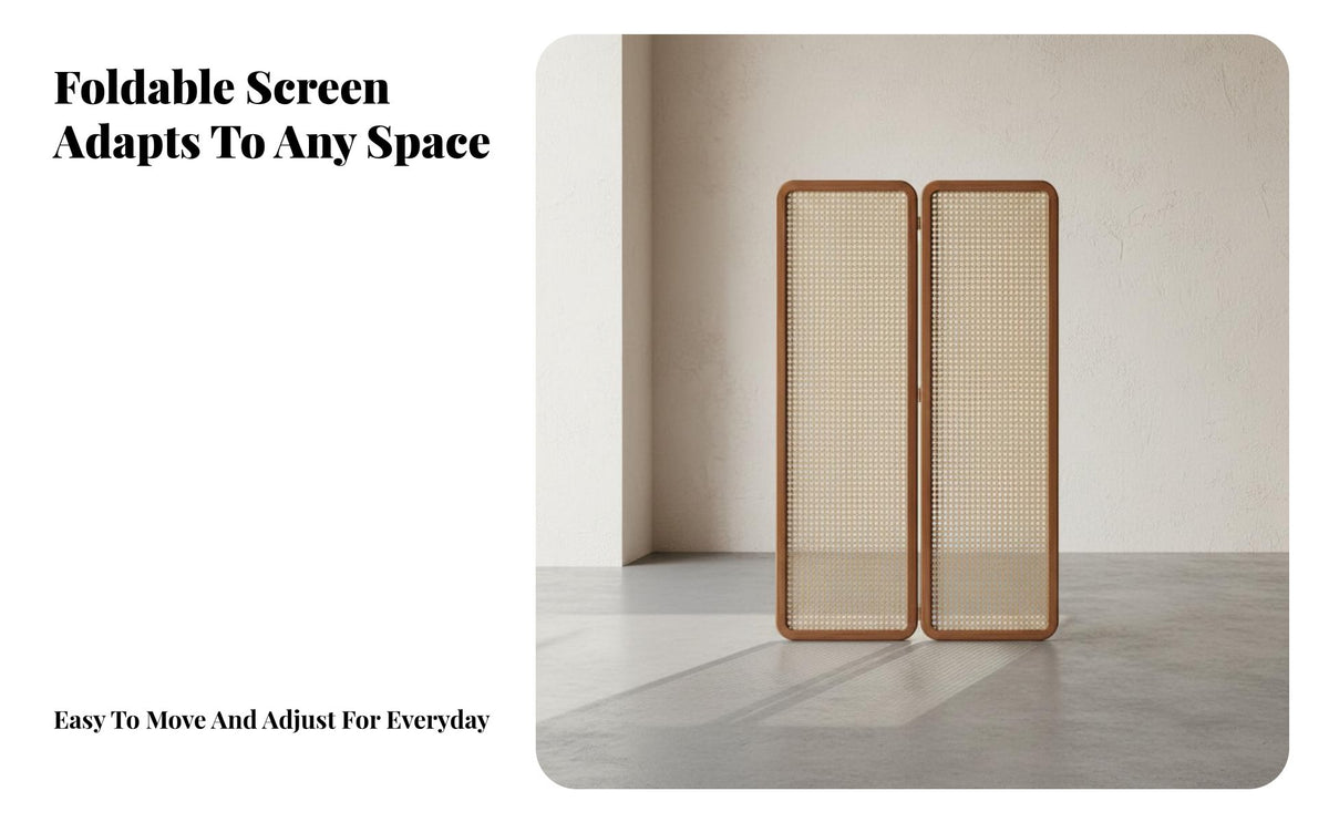 Modern Chinese Aesthetic Arched Top Cane Panel Foldable Design 4-Panel Folding Partition Solid Wood Frame Room Divider Woven Texture for Apartment Dwellers, Home Away Ice Workers, Interior Designers, Entryway, Bedroom