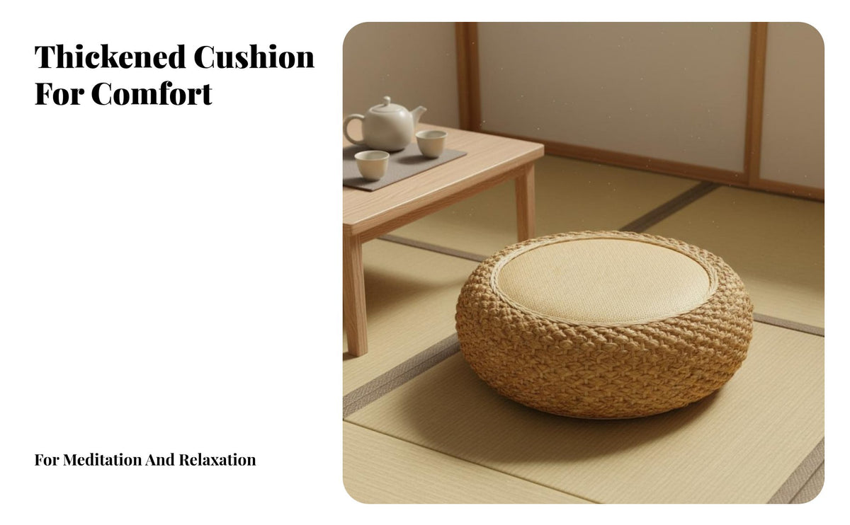 Woven Meditation Seat Thick Padded Round Straw Seat Rattan Meditation Seat Natural Material Japanese Design Floor Stool