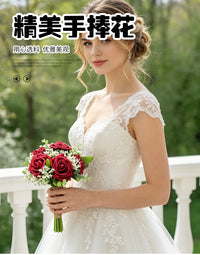西式婚礼手捧花仿真玫瑰PE手捧花束复古麻绳手扎花束伴娘手捧假花