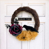 Halloween Wreath with Dried Branches, Roses, and Black Crow