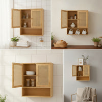 Bathroom Wall Cabinet Space-Saving Wooden Cabinet with Rattan Doors Decorative