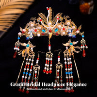 Ancient Design Hair Crown and Hairpin Set Gold-Plated Chinese Bridal Headdress Set Traditional Chinese Attire Tassel Hair