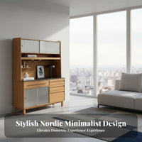 Sintered Stone Countertop Pegboard Sideboard Cabinet Sturdy and Sturdy Japanese Aesthetic Buffet Multi-Functional Design Cherry Wood Storage Cabinet Adjustable Shelves for Cooking Enthusiasts, Families, Homeowners, Dining Room, Pantry, Entryway, Home Bar