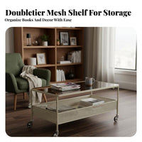 2-Tier Glass Top Tea Table With casters Mobile Storage Space-Saving for Renters