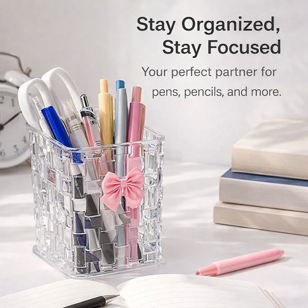 Transparent Pen Organiser with Bow Decoration, Desktop for Office, Makeup Brush Holder, Stationery Storage for Students