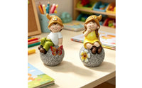 2 Pieces Boy and Girl Statue Ceramic Garden Figures Decorative for Bookshelf