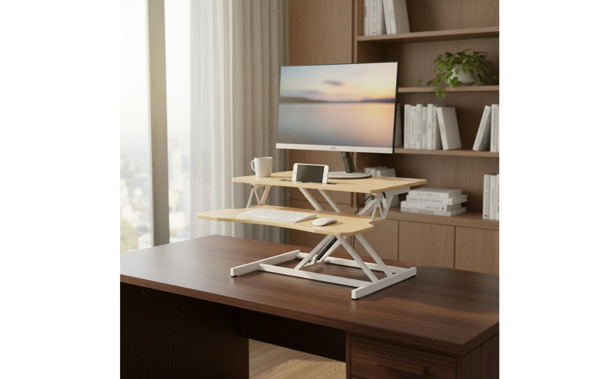 Built-in Device Slot Adjustable Standing Desk Converter Ergonomic Design Sit Stand Desk Riser Installation-No Assembly Required Height Adjustable Workstation Stable Cross-Frame for Telecommuting Workers
