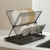 Dish Drying Rack and Drainer Rack, Foldable X-Shaped Carbon Steel Dish Drainer, Space-Saving Dish Rack with Drip Tray for Modern Kitchen Counter