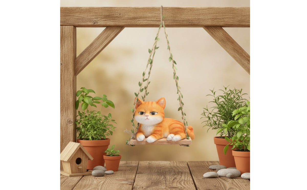 Whimsical Hanging Cat Ornament Cute Cat on Swing Adorable Decor Sculpted for Gardeners, Garden, Potted Plants, Patio, Balcony