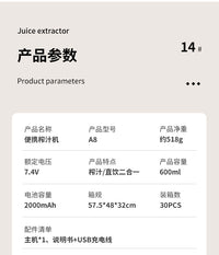 跨境新款榨汁机多功能合一充电大容量便携式鲜榨果汁杯直饮搅拌杯