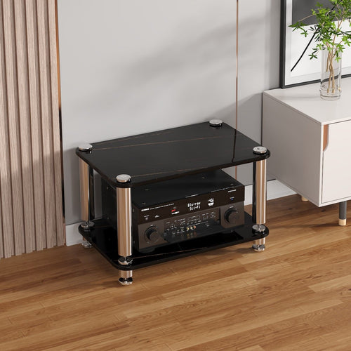 Reinforced Glass Audio Rack Sturdy Construction Shock-Absorbing Amplifier Stand Stainless Steel Columns Stereo System Equipment Stand for Living Room