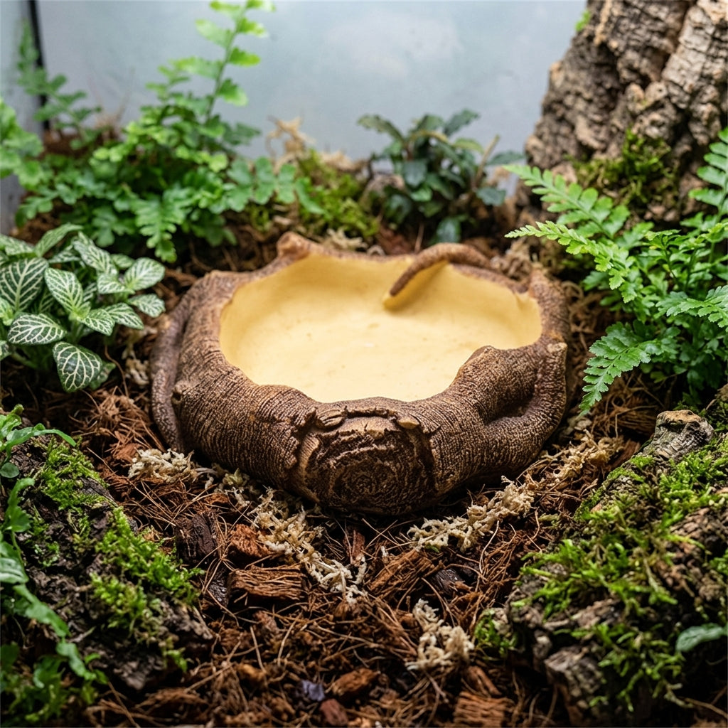 Wood Grain Water Bowl Tortoise Water Bowl, Snake Accessories for Vivarium, Spill Resistant Water Dish for Geckos, Reptiles and Tree Frogs, Resin