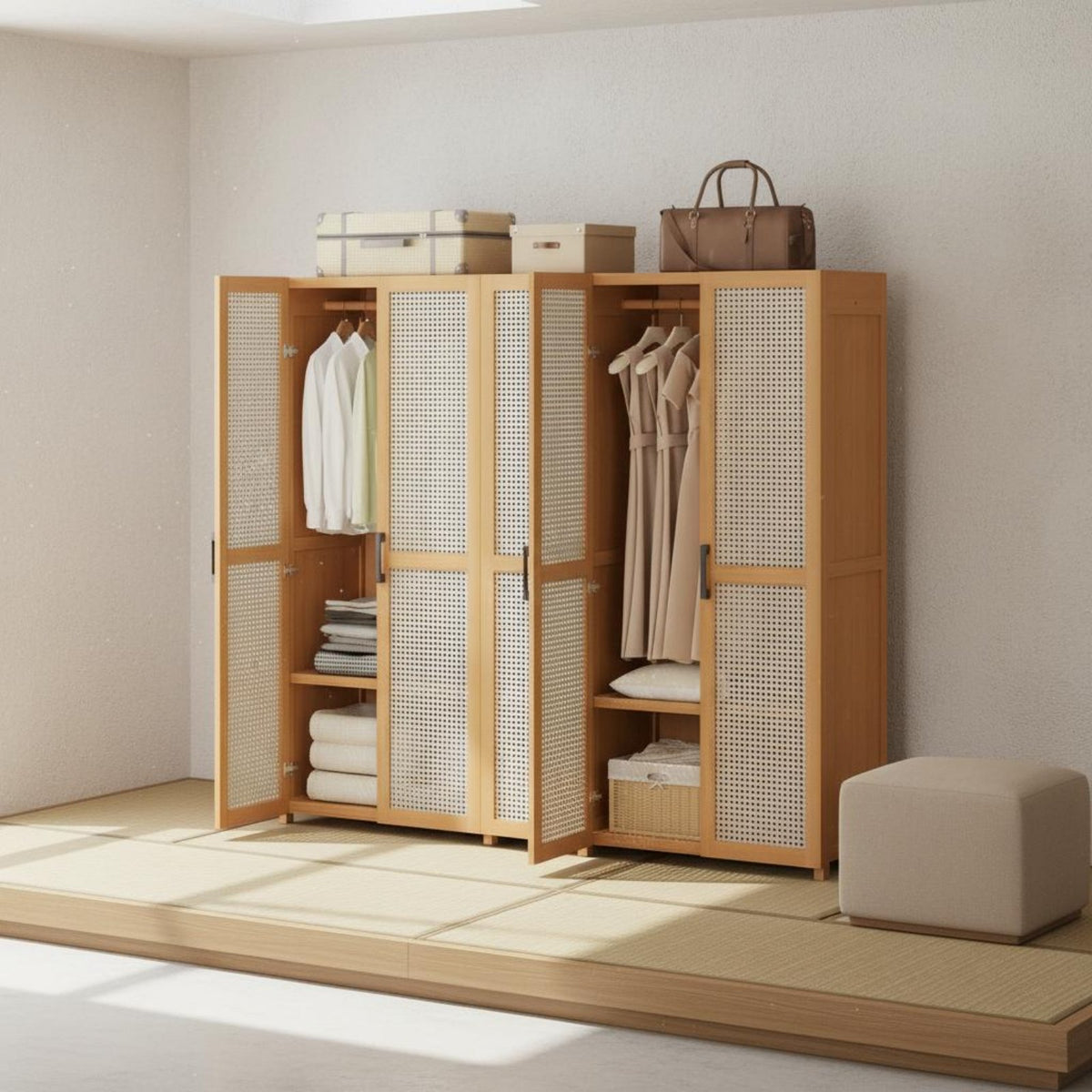 Large Capacity Rattan Door Wardrobe Modern Minimalist Design Freestanding Storage Closet Stable Frame Bedroom Furniture Dust-Proof for Small Apartment