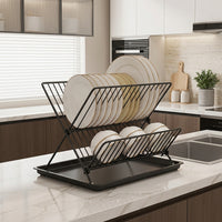 Dish Drying Rack and Drainer Rack, Foldable Carbon Steel X-Shaped Dish Drainer, Space-Saving Kitchen Dish Rack with Drip Tray for Modern Counter
